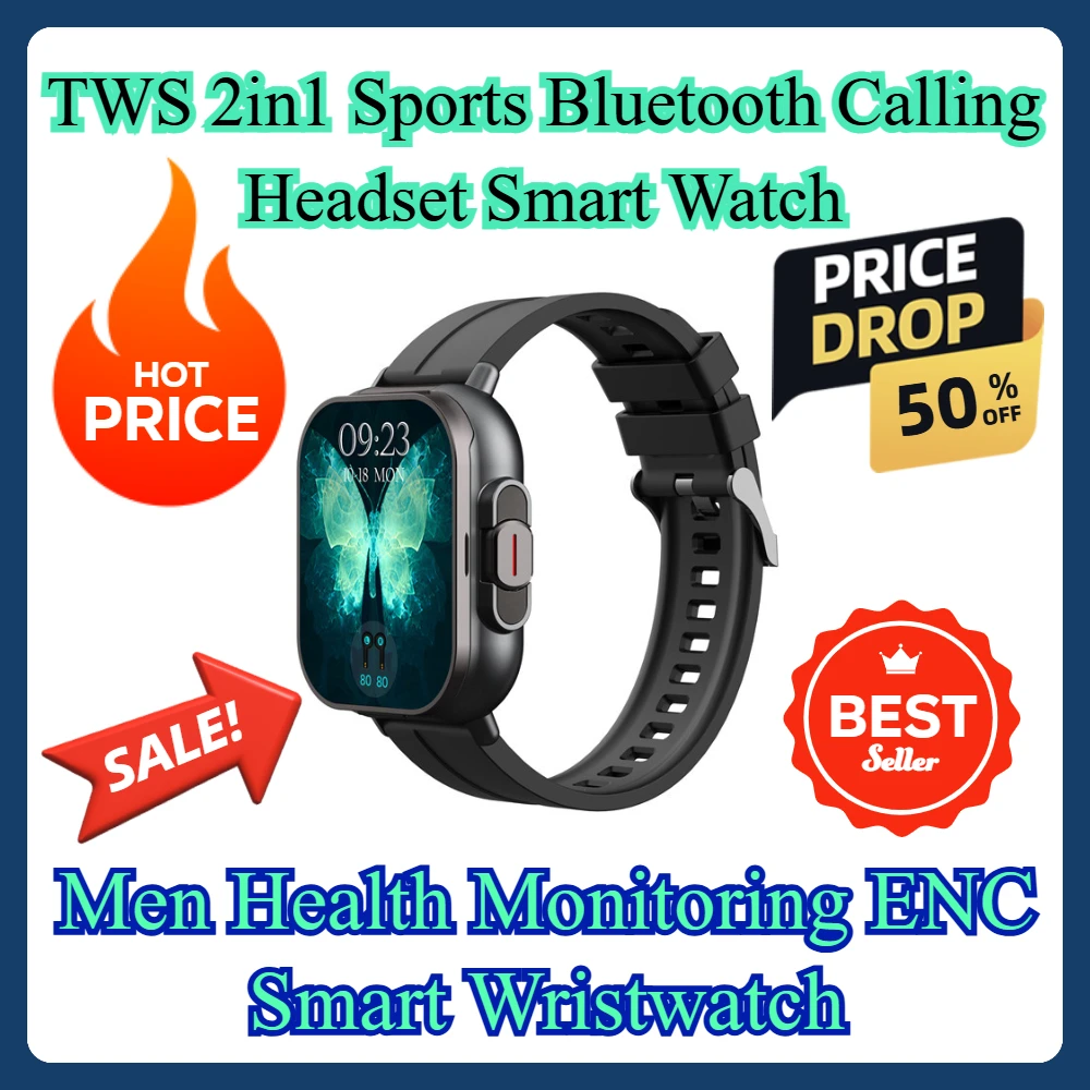 

Men Health Monitoring ENC Smart Wristwatch TWS 2in1 Sports Bluetooth Headset Calling Smart Watch