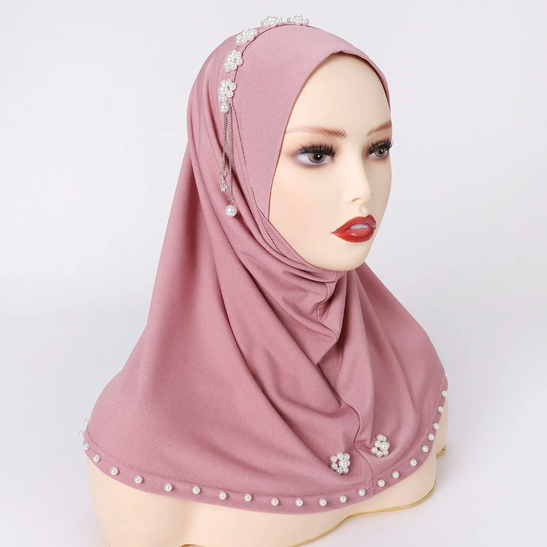 

One Piece Amira Muslim Hijab Women Instant Scarf Headscarf Turban Pearl Bead Hat Middle East Islamic Pull On Head Wrap Niqab Cap