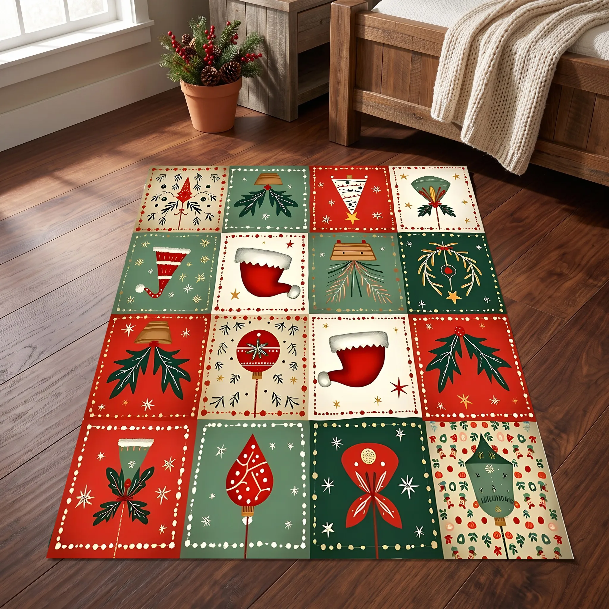 Patchwork Christmas Elements, Retro and Childlike Style, Suitable for Entryway, Living Room, Bedroom, Warm and Comforting Autumn and Winter Soft Furnishings, Velvet Rug