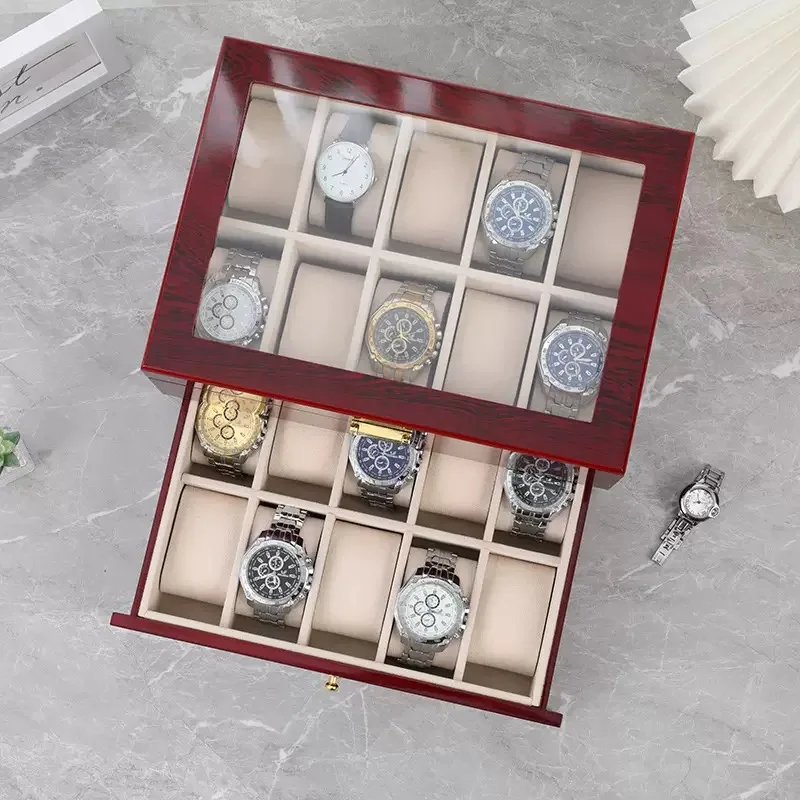 20 Slots Wooden Watch Box Case Glass Wine Red Piano Finish Baking Varnish Craft Wood Watch Boxes Organizer Storage Holder Gifts