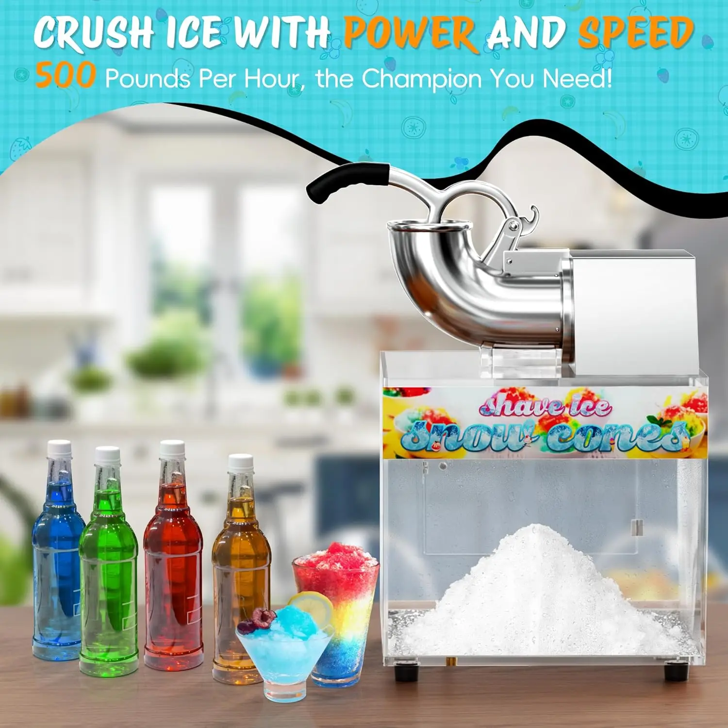 48L Snow Cone Machine, 500LB/H Commercial Shaved Ice Machine for Snow Cones, 300W Electric Fluffy Snow Cone Maker for Party,