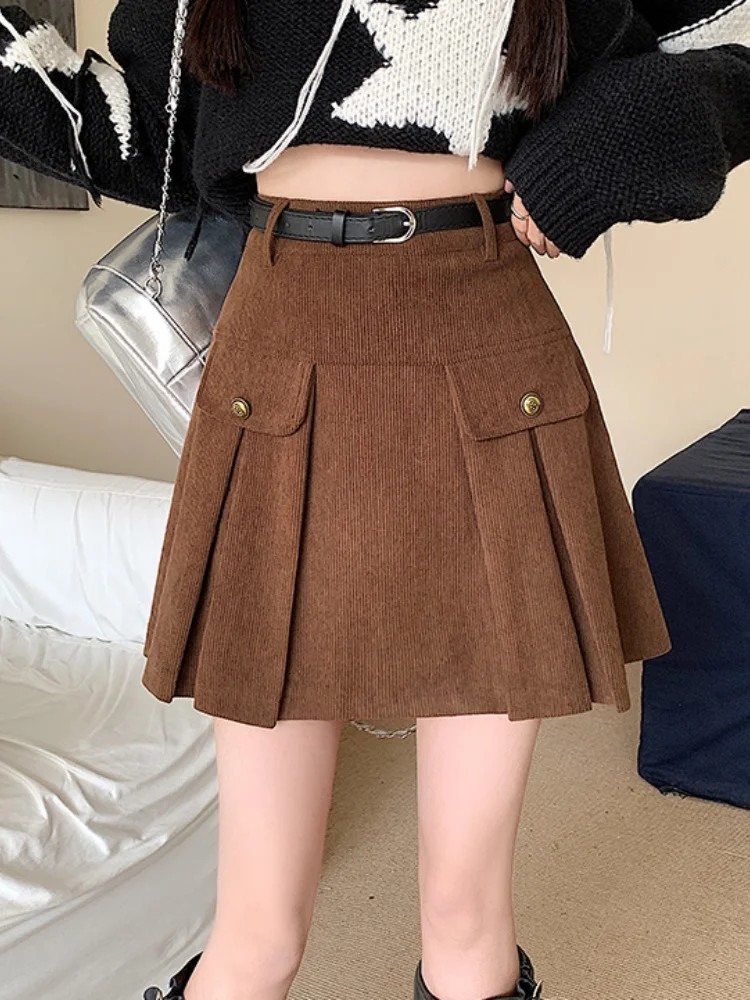 

SMTHMA New Autumn Winter Thicken Corduroy Women Pleated Skirt With Belt 2025 High Waist Casual Vintage Cargo Short Skirts Girls