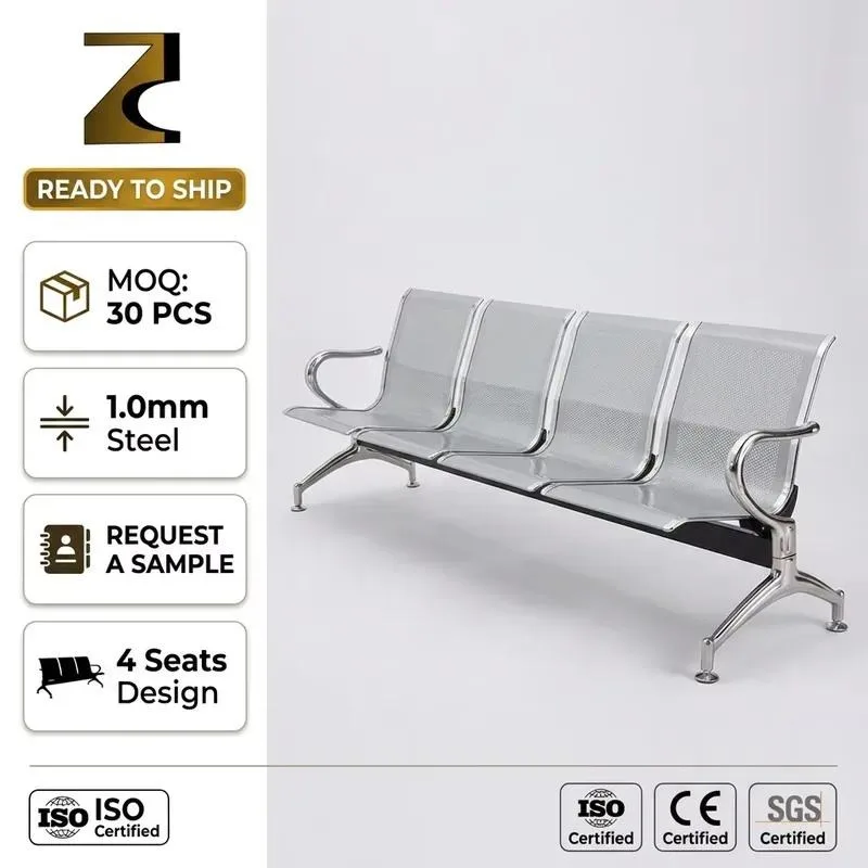 Public Area 4 Seats Beam Seat Cold Rolled Steel Perforated Chrome Frame Clinic Airport Waiting Chair Factory Supply