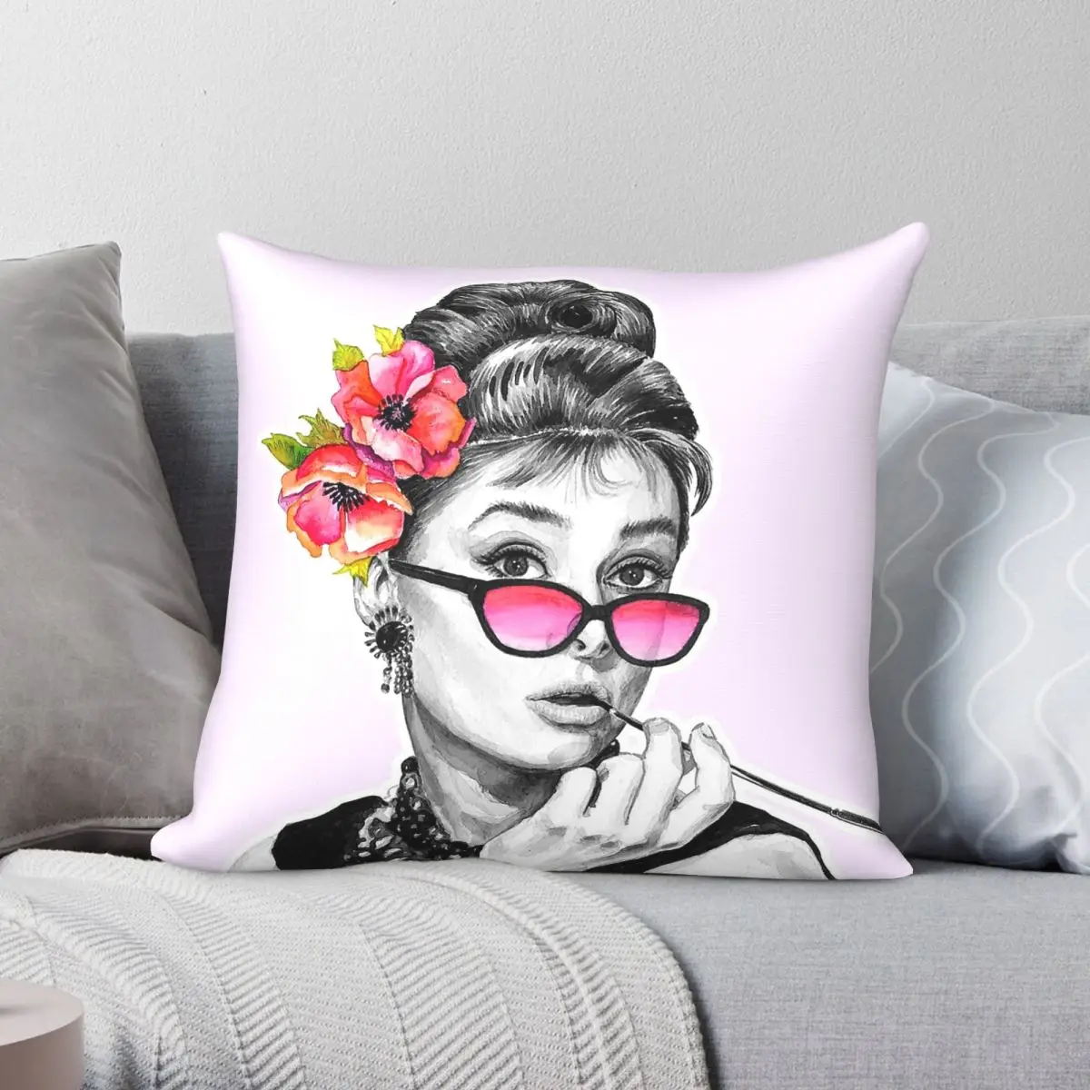 Audrey Hepburn With Flowers Square Pillowcase Polyester Linen Velvet Creative Zip Decor Pillow Case Sofa Seater Cushion Case