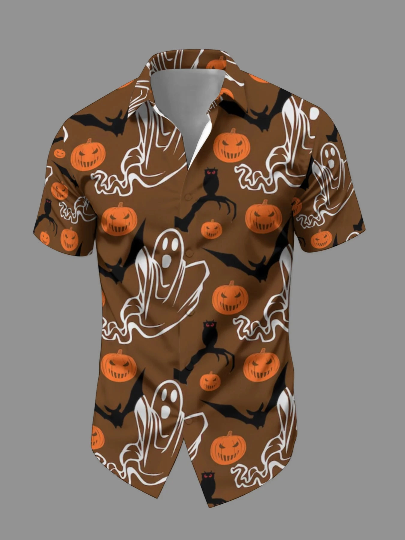 Camisa unisex de manga corta con cuello campero y estampado de siluetas de fantasma, calabaza, murciélago y búho para Halloween, holgada, para vacaciones.