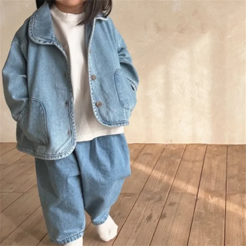 Korean  boys and girls autumn fashion new coat for children Korean casual lapel pocket denim jacket  winter clothes for girls