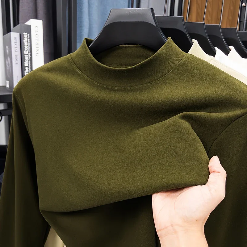

Новинка 2025 года, мужская повседневная однотонная бархатная футболка с высоким воротником и длинными рукавами, весенне-осенний универсальный удобный топ
