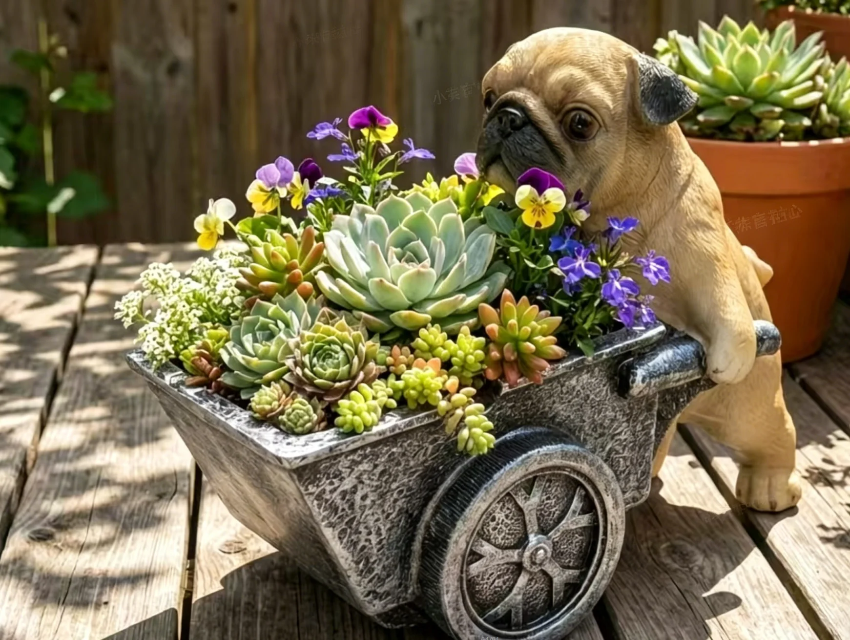 Cute Pug Resin Planter with Cart, Creative Succulent Flower Pot for Garden Patio Balcony Decor