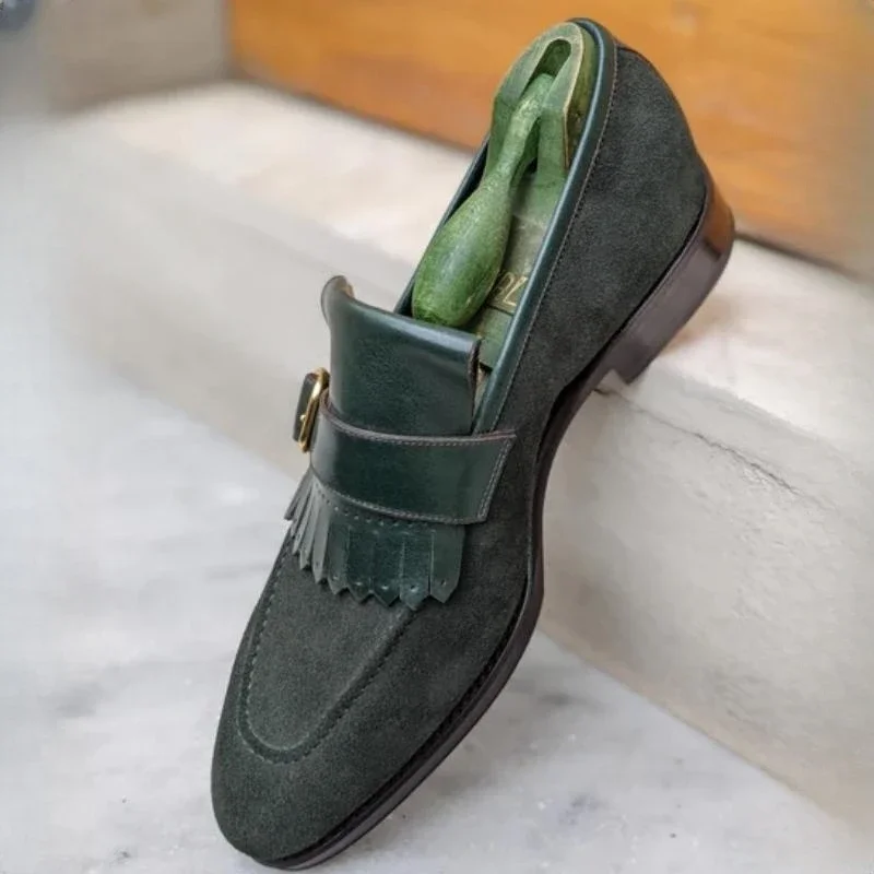 New Green Loafers for Men Tassels Round Toe Flock Slip-On Handmade Mens Formal Shoes Size 38-46