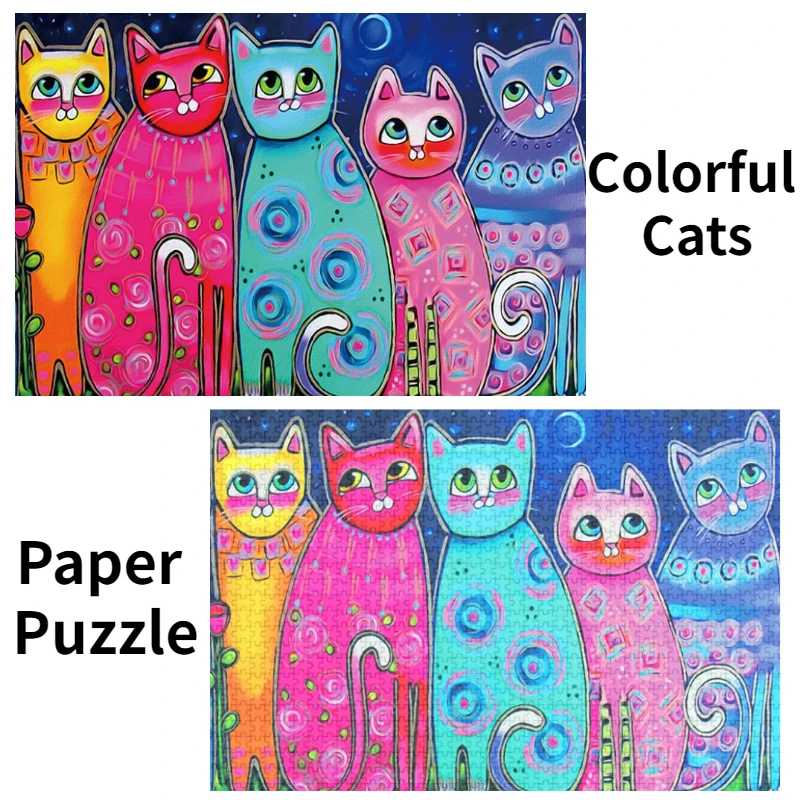 38*26cm Adults 1000 Pieces Paper Jigsaw Puzzles Colorful Cats Cute Animals Paintings Stress Reducing Toys Christmas Gifts