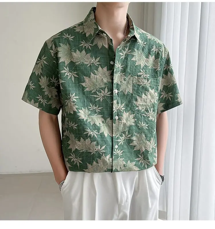 Loose Maple Leaf Flower Shirt Men's Short-sleeved Mature Style Casual Five-point Sleeves
