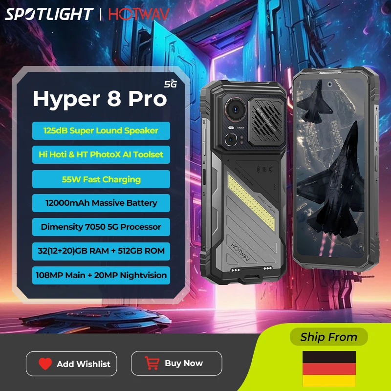 HOTWAV Hyper 8 Pro Smartphone robuste 125dB haut-parleur Lound 55W charge rapide 5G téléphone portable 12000mAh 108MP 12GB 512GB téléphone portable