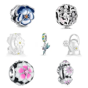 925 Sterling Silver Pendant Bead Fit for European Bracelet, Diy Jewelry Accessories, Blue Flower, Bird, Spring, New, 2024 8 Main Beat Sales - №1