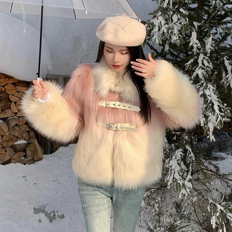 Luxus Winter Neue Frauen Tops Mantel Faux Pelz Warme Dicke Mäntel Elegante Farbverlauf Schnalle Design Streetwear Weibliche Jacken