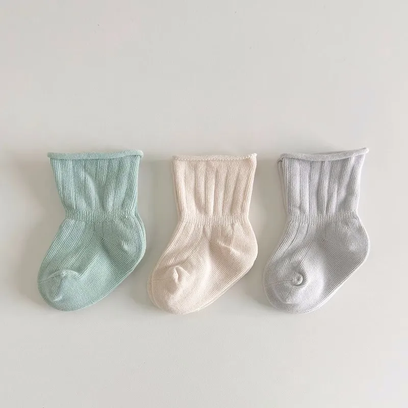 New 3pairs/lot All Season Infant Girls Socks Loose Mouth Breathable Solid Color Baby Girls Socks 100% Cotton  Children Sock Kit