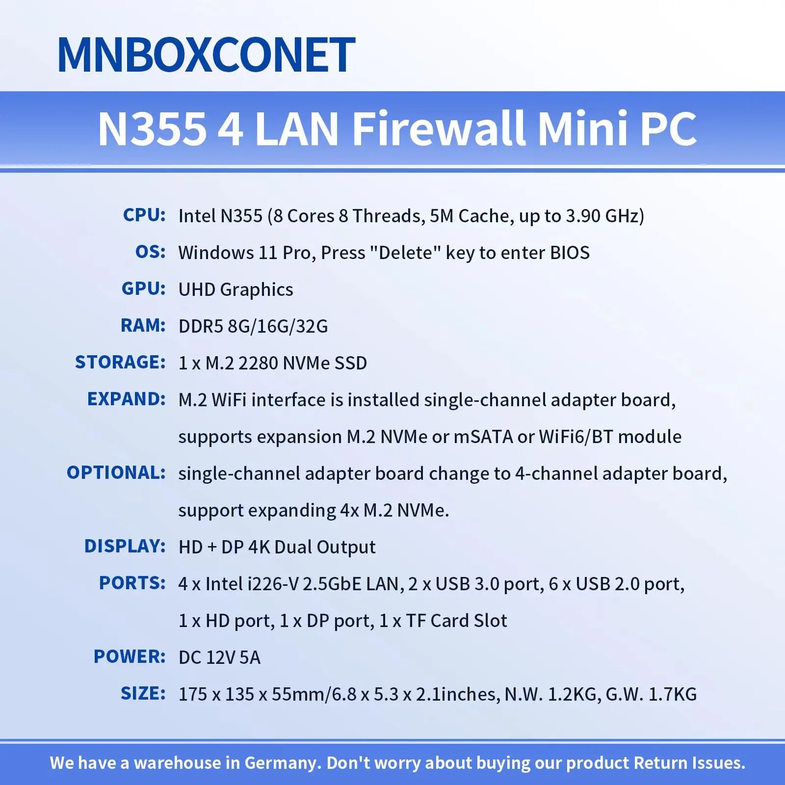 MNBOXCONET 미니 PC N150 방화벽 팬리스(최대 3.6GHz), DDR5 베어본 마이크로 어플라이언스 하드웨어 컴퓨터 4 x 2.5GbE I226-V LAN