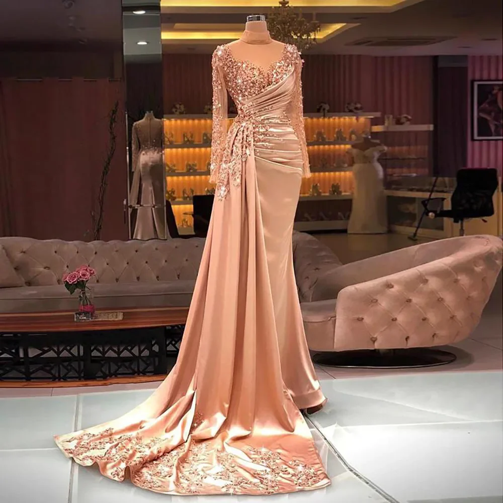 Rose Gold Long Sleeve High Neck Luxury Mermaid With Skirt Evening Dresses Gowns Customize Party 2025 BLA71804 Serene Hill