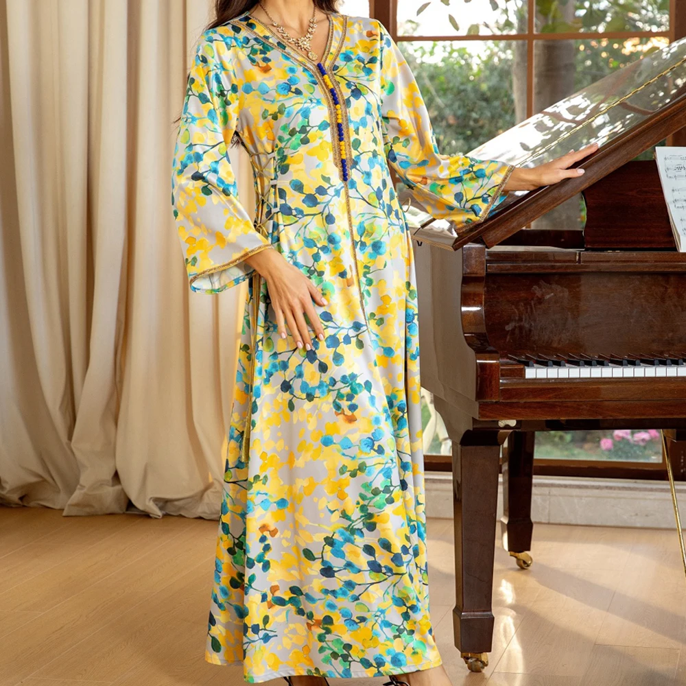 

Eid Floral Print Jalabiya Ramadan Abaya Dubai Kaftan Women Muslim Maxi Dress Islam Clothing Turkey Caftan Marocain Femme Robe