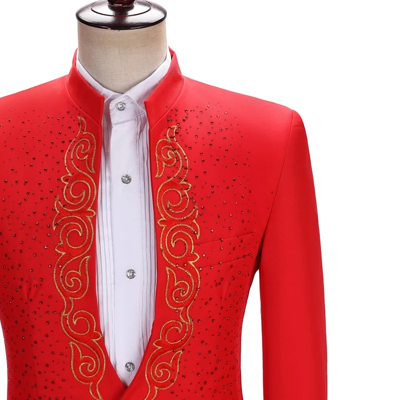 Chinese-style Men's Red Two-Piece Suit, A Jacket Embellished with Rhinestones and Embroidery, Paired with Matching Trousers.