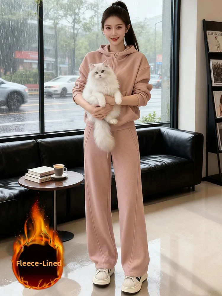 

Winter Casual Sportswear Set Women's Fleece Lined Fashionable Youthful Jacket Top Wide Leg Pants Two Piece Set Soft Salt System