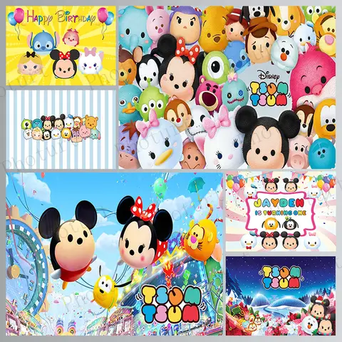 Fondo de fotografía de fiesta de cumpleaños para niños de Disneyland Tsum Tsum, muñeco de juguete de Mickey de Disneyland, accesorios de decoración de vinilo de poliéster