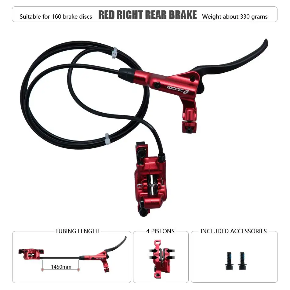 ZOOM HB-876 4-Kolben-Klapp-Mountainbike-Scheiben-Hydraulikbremsen-Set vorne 800 hinten 1400 mm MTB-Fahrradkrämpfe rot Fahrradteile