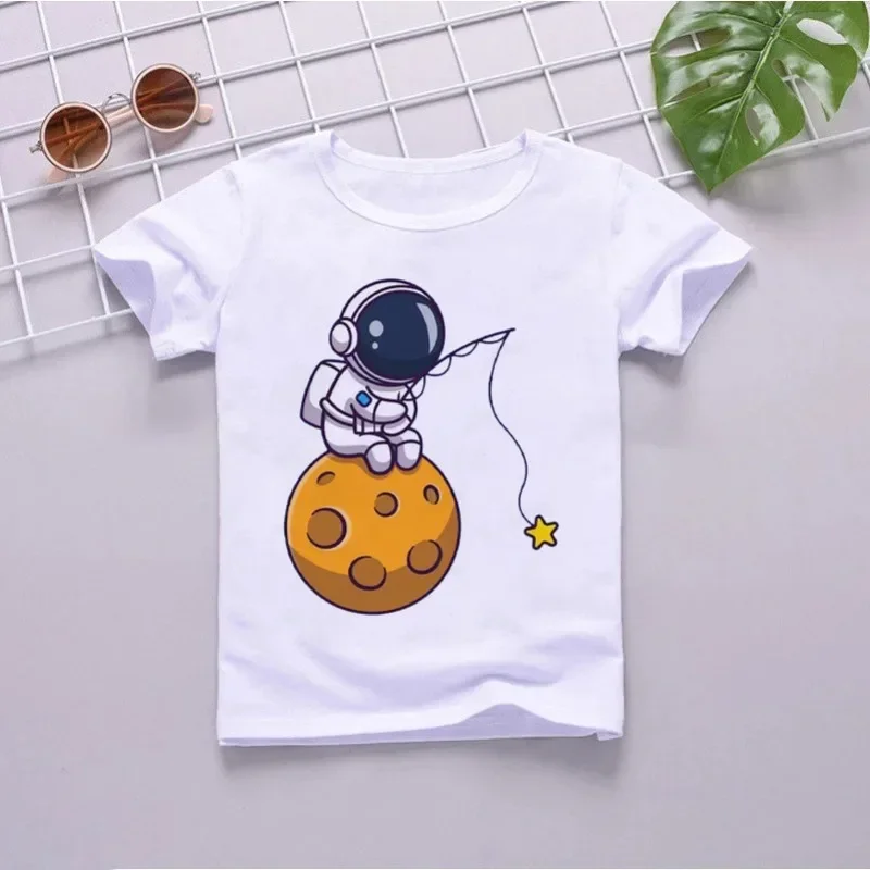 White Planet Space Crew Neck Print T-shirt Short-Sleeved Kids' Graphic Top Summer Polyester Fabric Children's Fashion