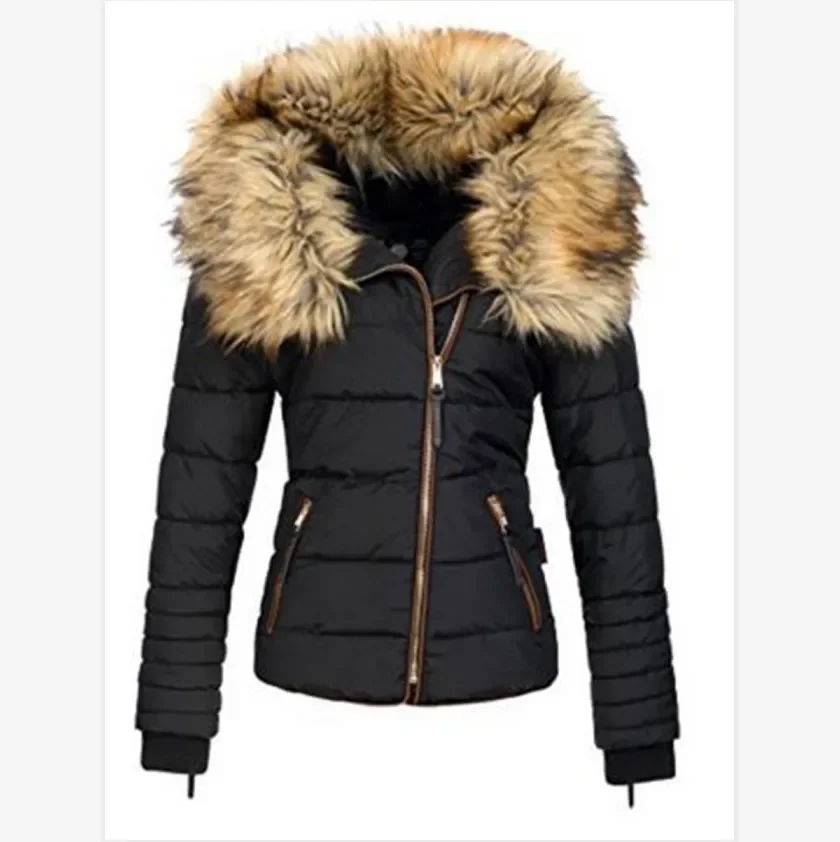 KIDCRKJ Winter Women's Padded Jacket Thicken Warm Lager Fur Collar Cotton Coats Short Slim Female Parkas Streetwear Outerwears