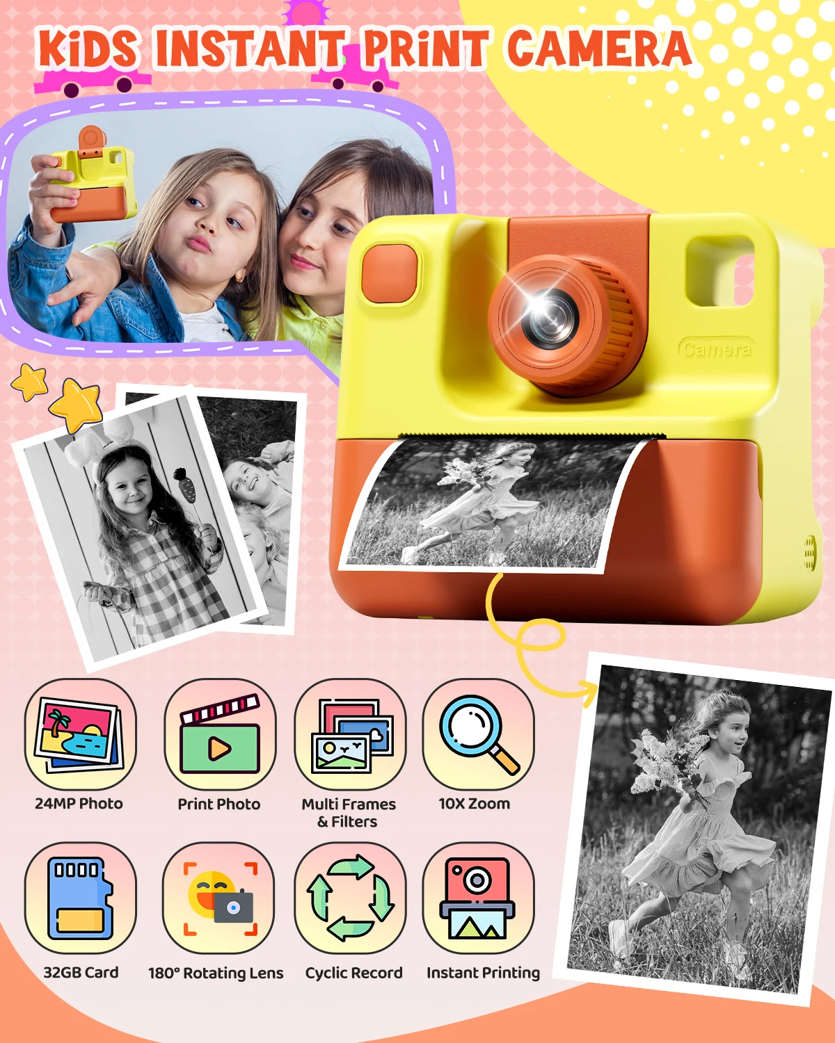 Gofunly – appareil photo numérique pour enfants, jouet HD 1080P, impression instantanée, avec 3 rouleaux de papier d'impression et carte 32 go, cadeau pour 6-12 ans