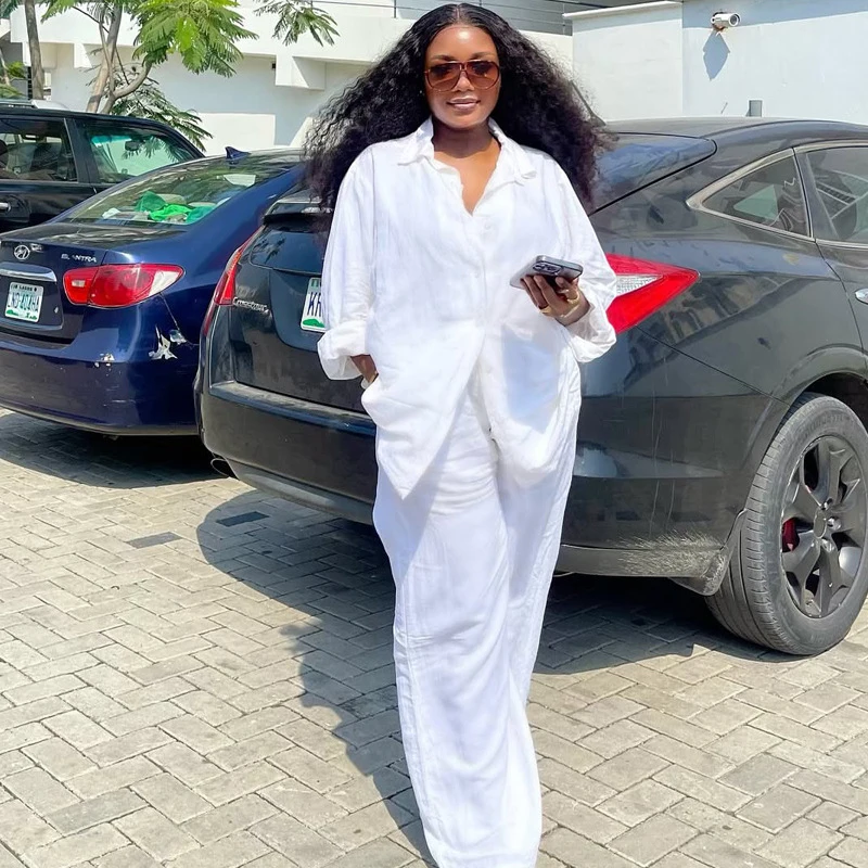 New African Fashion Casual Women Two Piece Set White Loose Shirt And Pants Set Outfits