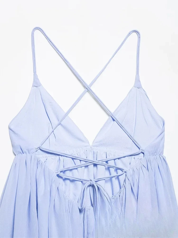 เดรสสายเดี่ยวสีน้ำเงินเซ็กซี่โรแมนติกสำหรับผู้หญิง คอวีลึก เปิดหลัง มินิเดรส แฟชั่นใหม่ 2025 ฤดูร้อน สไตล์หวานซ่อนเปรี้ยว เหมาะสำหรับวันหยุดพักผ่อน ผ้าพลิ้วไหว