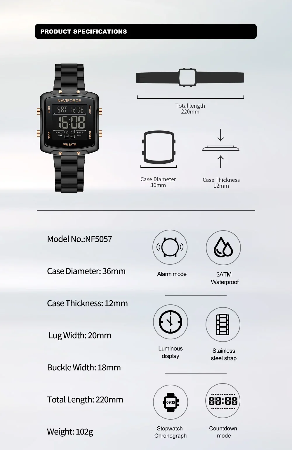 NAVIFORCE NF5057 Women's Fashion Digital Watches Alarm Stopwatch Day and Date Display Waterproof Sports LCD Lighting Clock