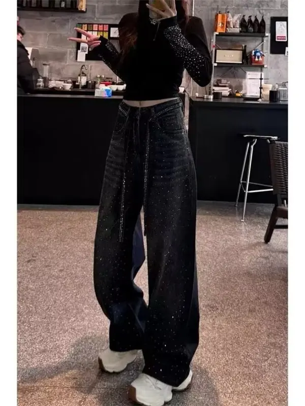 하이웨이스트 와이드 레그 진 여성용 루즈핏 슬림 팬츠 봄 가을 플러스 사이즈 배형 체형 디자인 감각 캐주얼웨어