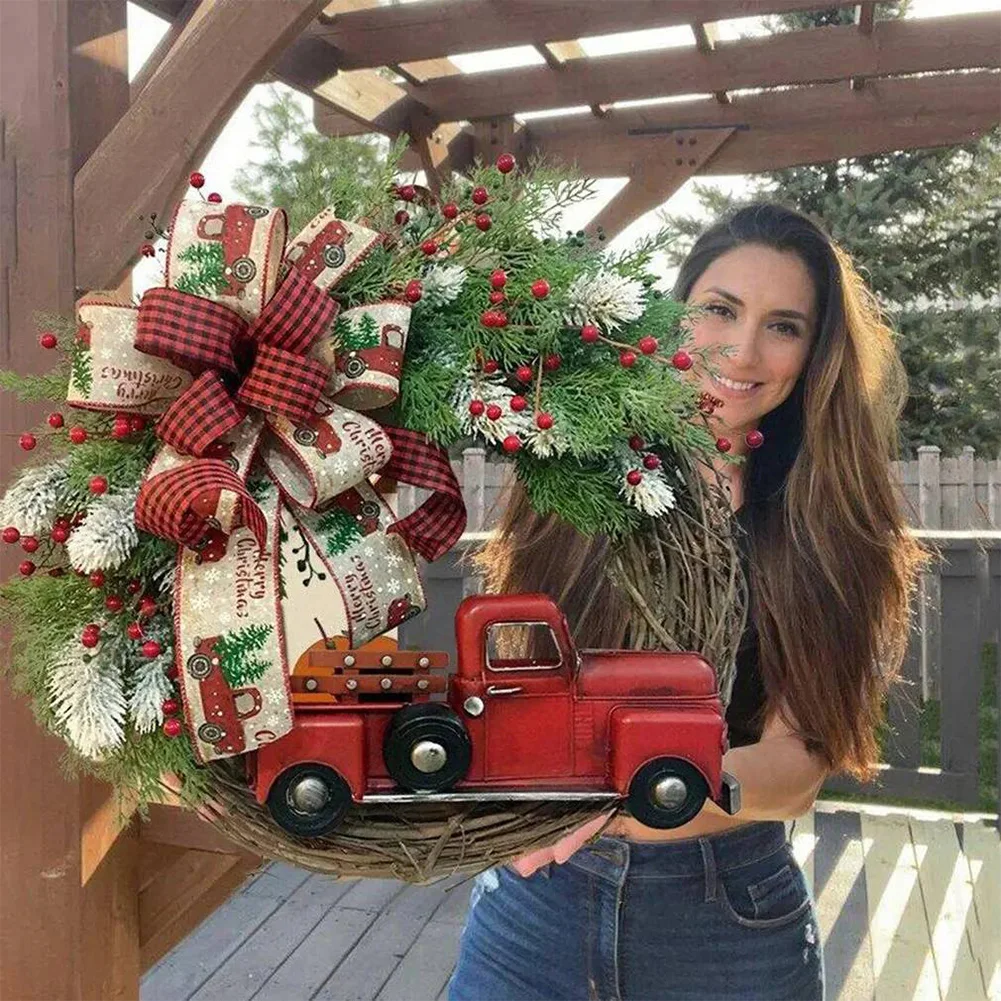 

Christmas Door Wreath Artificial Red Truck Winter Wreath for Front Door Outdoor Plaid Bow Christmas Wreaths for Windows Wall