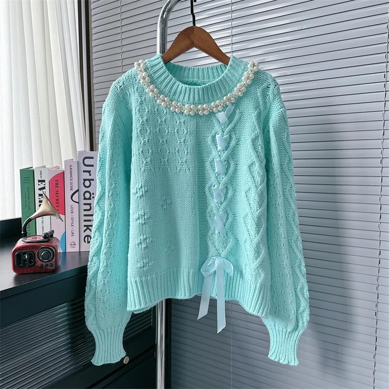 

Fall Fresh age reducing nail bead o-neck pullover sweater for women in winter 2024 new gentle sweet knit sweater top women