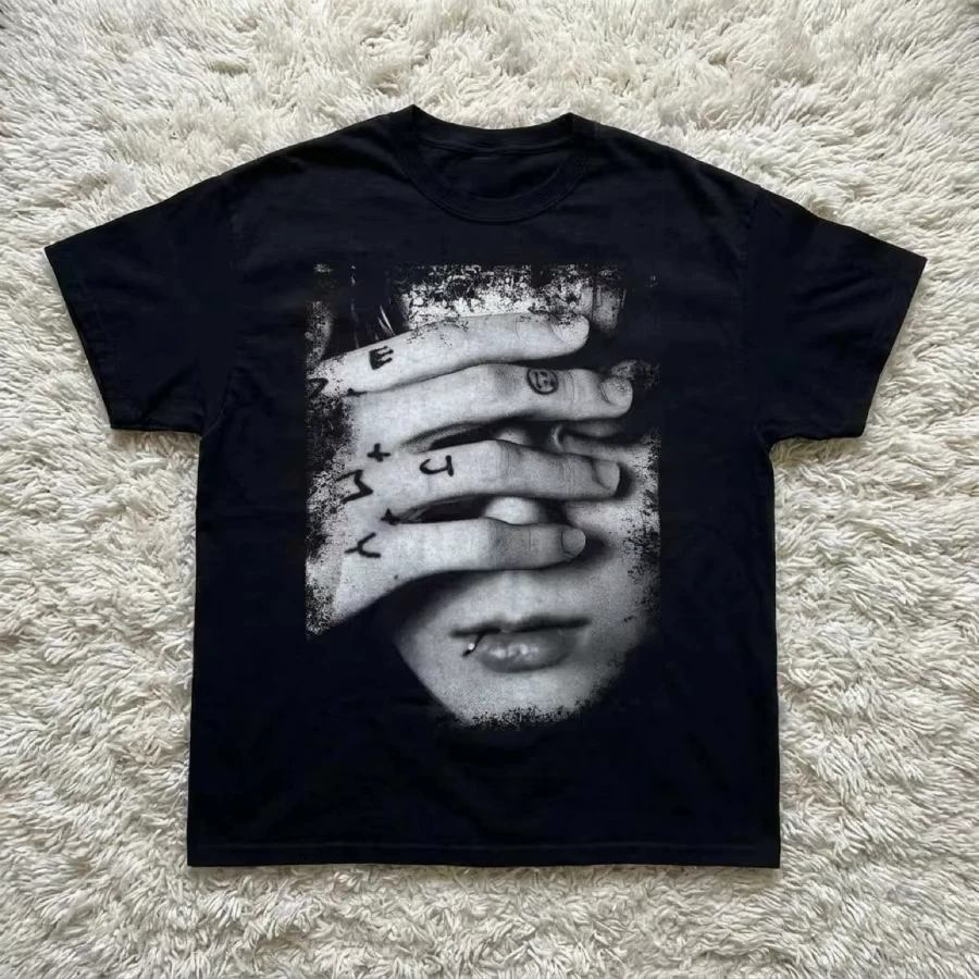 Black Crew Neck T-shirt with Black and White Distressed Pattern, Street Style, Decadent Aesthetics, Men's T-shirt