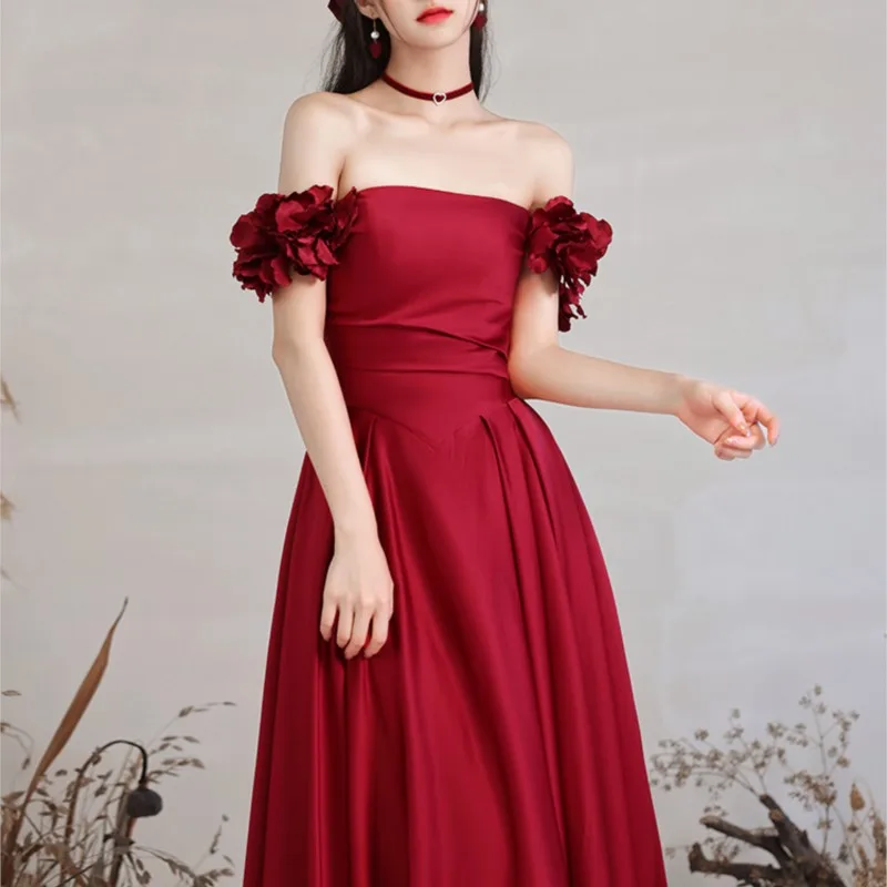 shoulder toasting dress new temperament red thin design flower