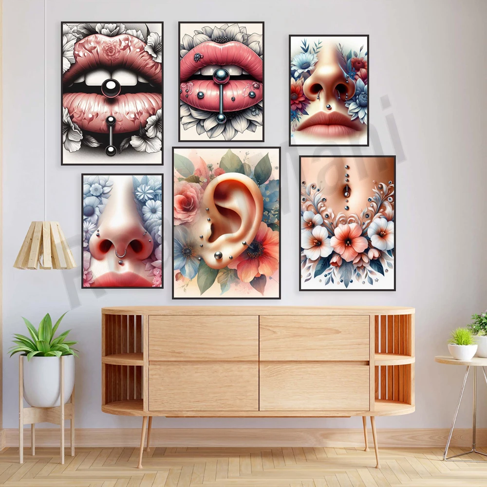 Piercing chart, earlobes, ear studs, ear piercings, lip piercings, nose piercings, piercing posters, piercing studio decorations