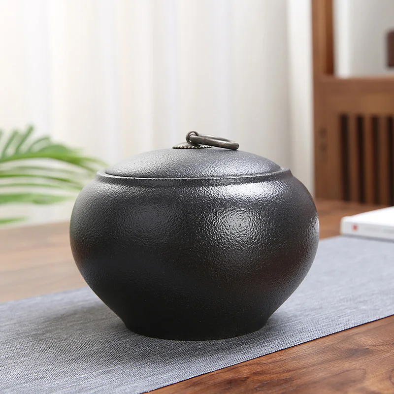 

Black Ceramic Tea Cans Lid Sealed Kitchen Food Storage Containers Large-capacity Scented Beans