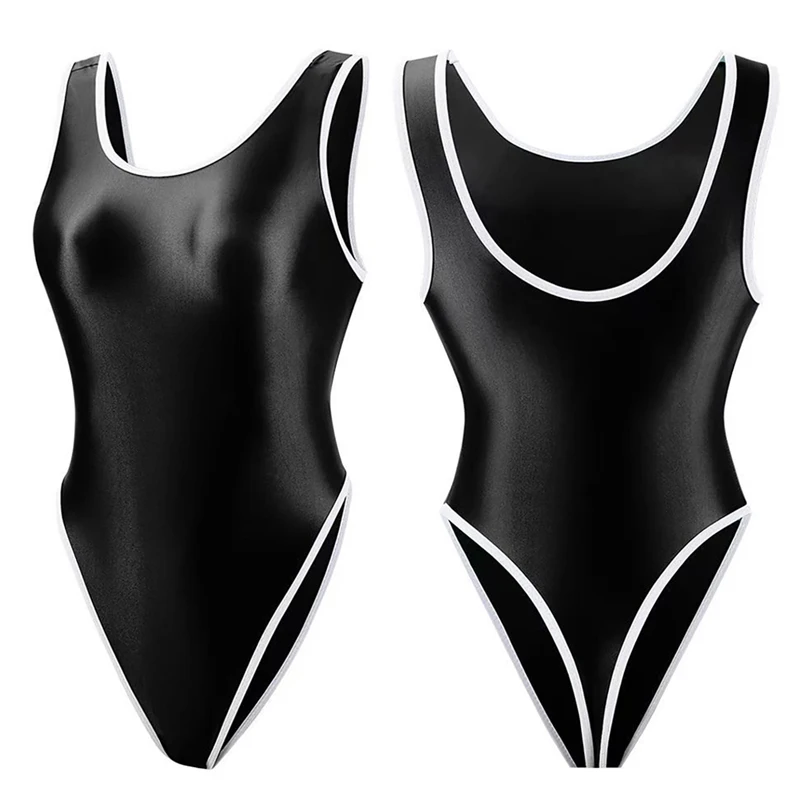 Sexy Women gloss Thong swimsuit bodysuit plus size swimwear Shiny Oily High fork