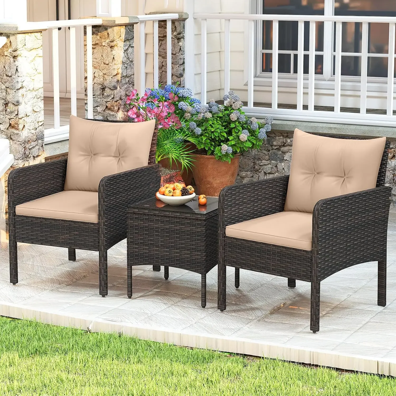 USA Stock3 Piece Patio Bistro Set Rattan Wicker Outdoor Conversation Set with Cushions and Coffee Table, Outside Furniture with