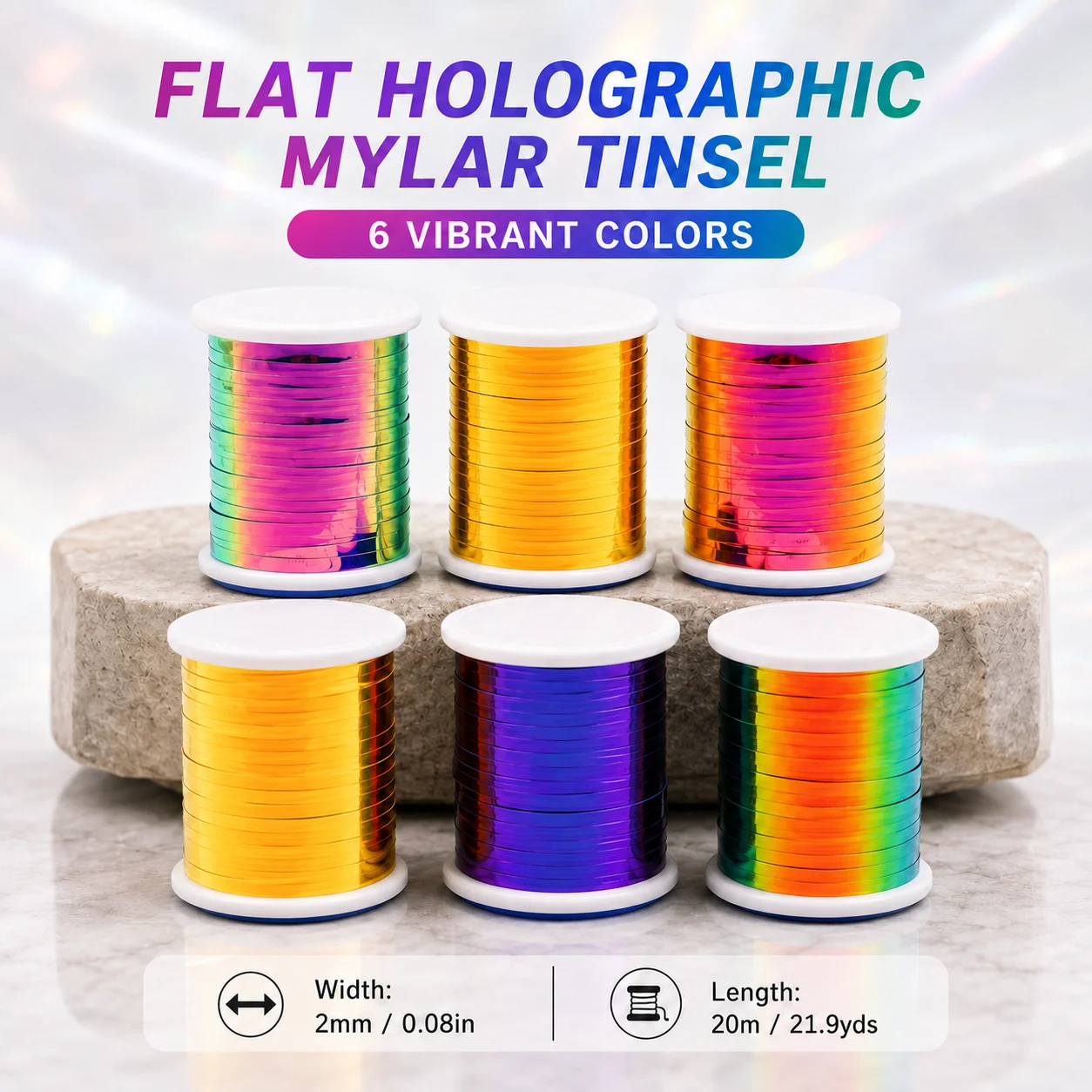 2mm Holographisches Mylar-Lametta Fliegenbindematerial, Metallisches Glanzband für Nymphen, Mücken, Streamer, Lachsfliegenkörper & Rippen
