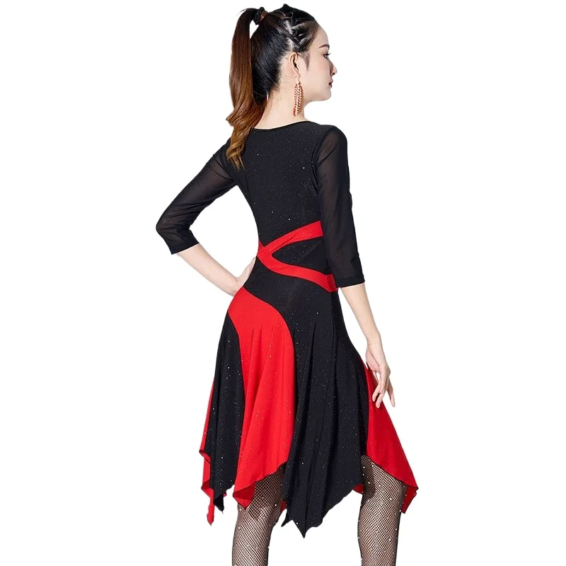 

Черное, красное, посыпанное золотое платье для латинских танцев с нерегулярным подолом, женское танцевальное платье Jitba