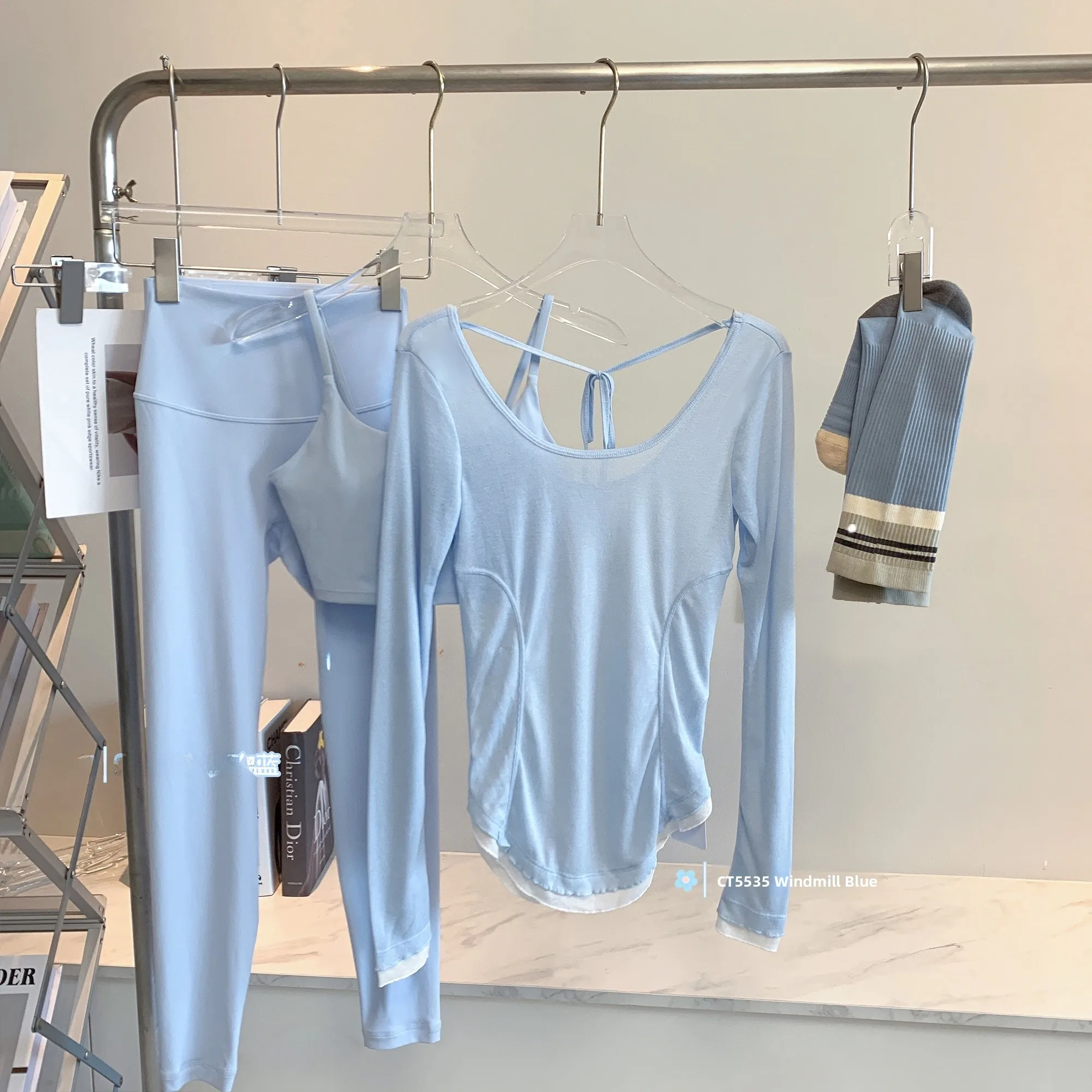 

Spor Fitn Long Sve Tee Piece Set High Waist Godd Pants Color Blo Bal T-irt Breathable Lightweight Summer