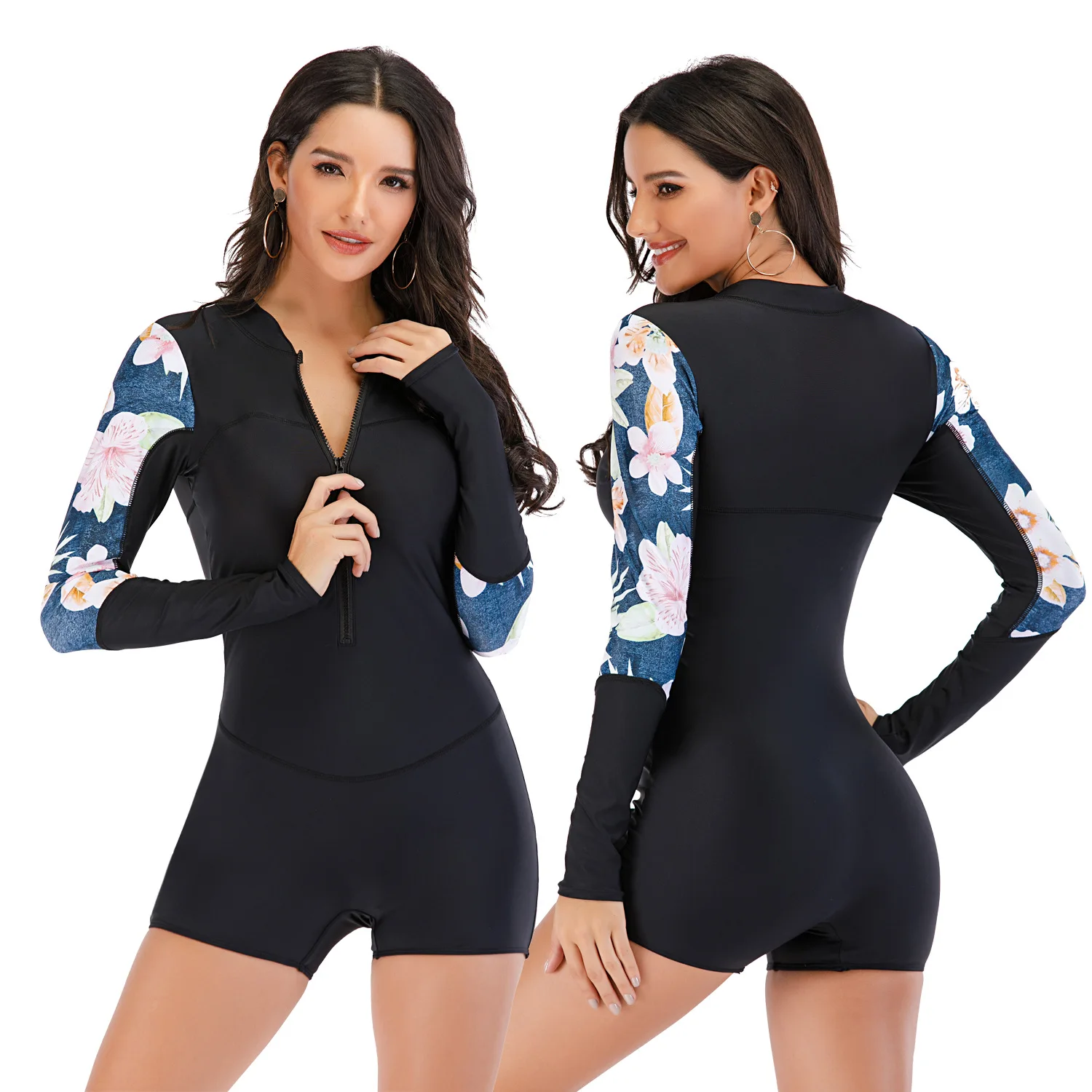 New Woman One Piece Swimsuit Vintage Sport Woman Long Sleeve Zipper Swimsuit Print Swimwear Surfing Bathing Suit Women Swimsuits