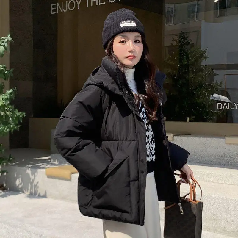 Winter Thick Warm Down Cotton Jacket Women Hooded Parka Puffer Jacket Long Sleeve Solid Pockets Quilted Korean Coat Parkas