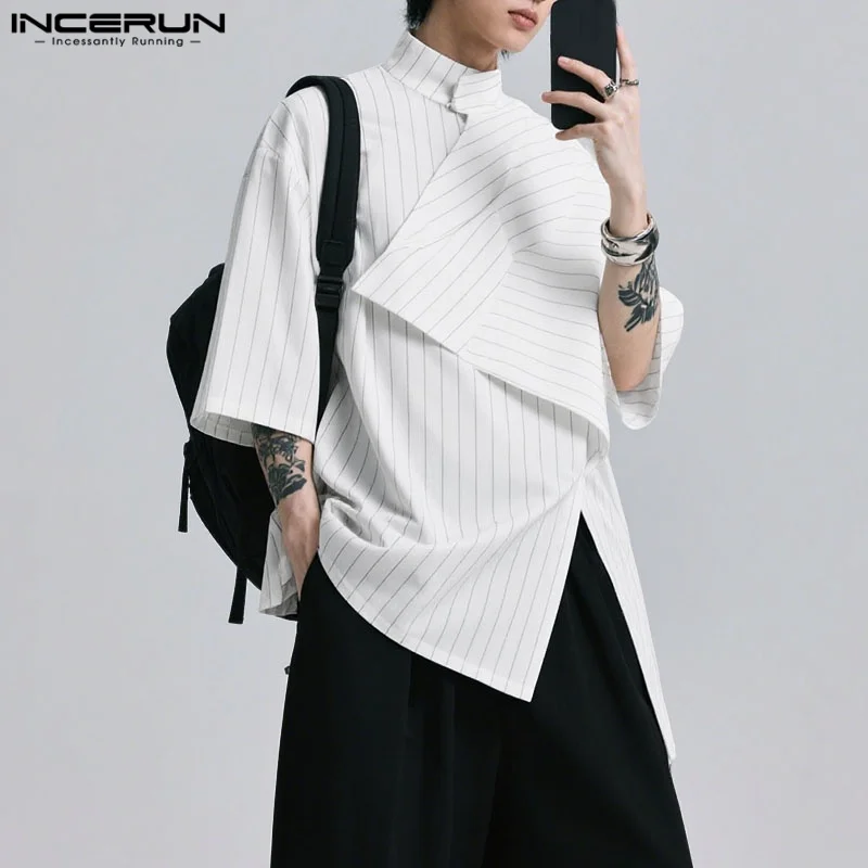 

INCERUN Men Irregular Shirt Striped 3/4 Sleeve Stand Collar Loose Men Clothing Streetwear 2025 Personality Fashion Male Shirts