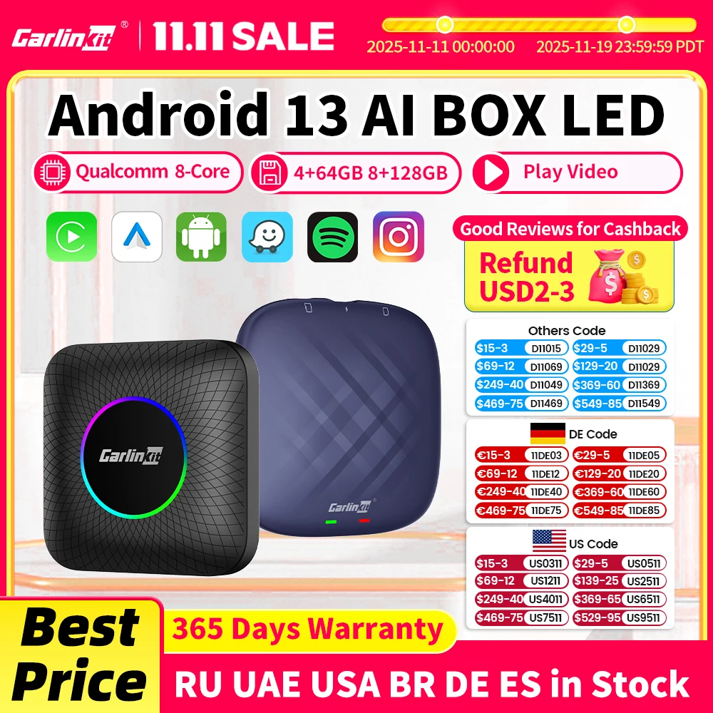 

2025 CarlinKit CarPlay AI Box Android 13.0 SM6225 8-Cores Android Auto Wireless CarPlay Adapter 2.4+5GGPS 64G 128G FOTA Upgrade