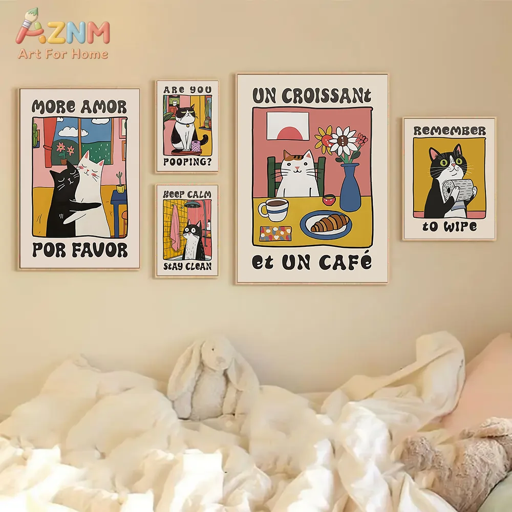 AZNM Funny Cartoon Cat Canvas Wall Art Retro Cute Kitten Typography Aesthetic Kitchen Bathroom Cozy Unframed Home Decor Print