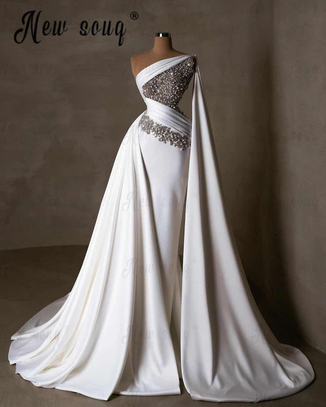 Weiß arabisch lang umhang ärmel hochzeits kleid hand gefertigte silberne kristalle braut kleider 2024 elegante robe de mariée Wirkric 드스 레custom